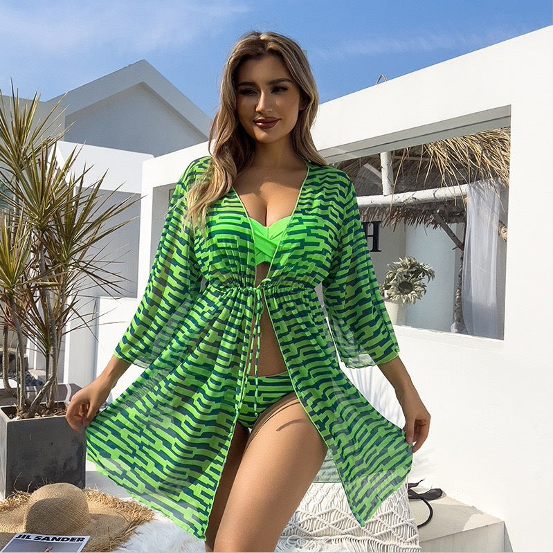 Lonkey Mesh Three Piece Swimsuit Women's Digital Printing Twist Bag Sun Protection Clothing