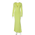 Women Clothing Summer Solid Color Deep U High Waist Fishtail Dress Long Sleeve Dress