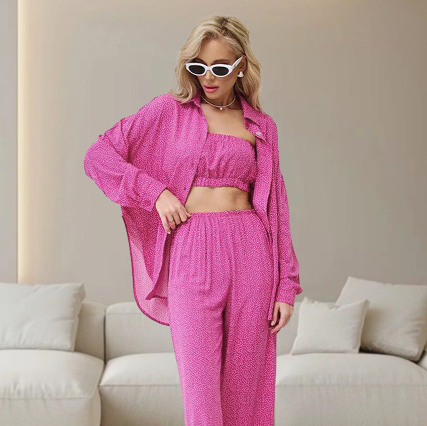 Autumn Blue Color Leopard Print Pajamas Tube Top Cardigan Long Sleeve Pants Women Homewear