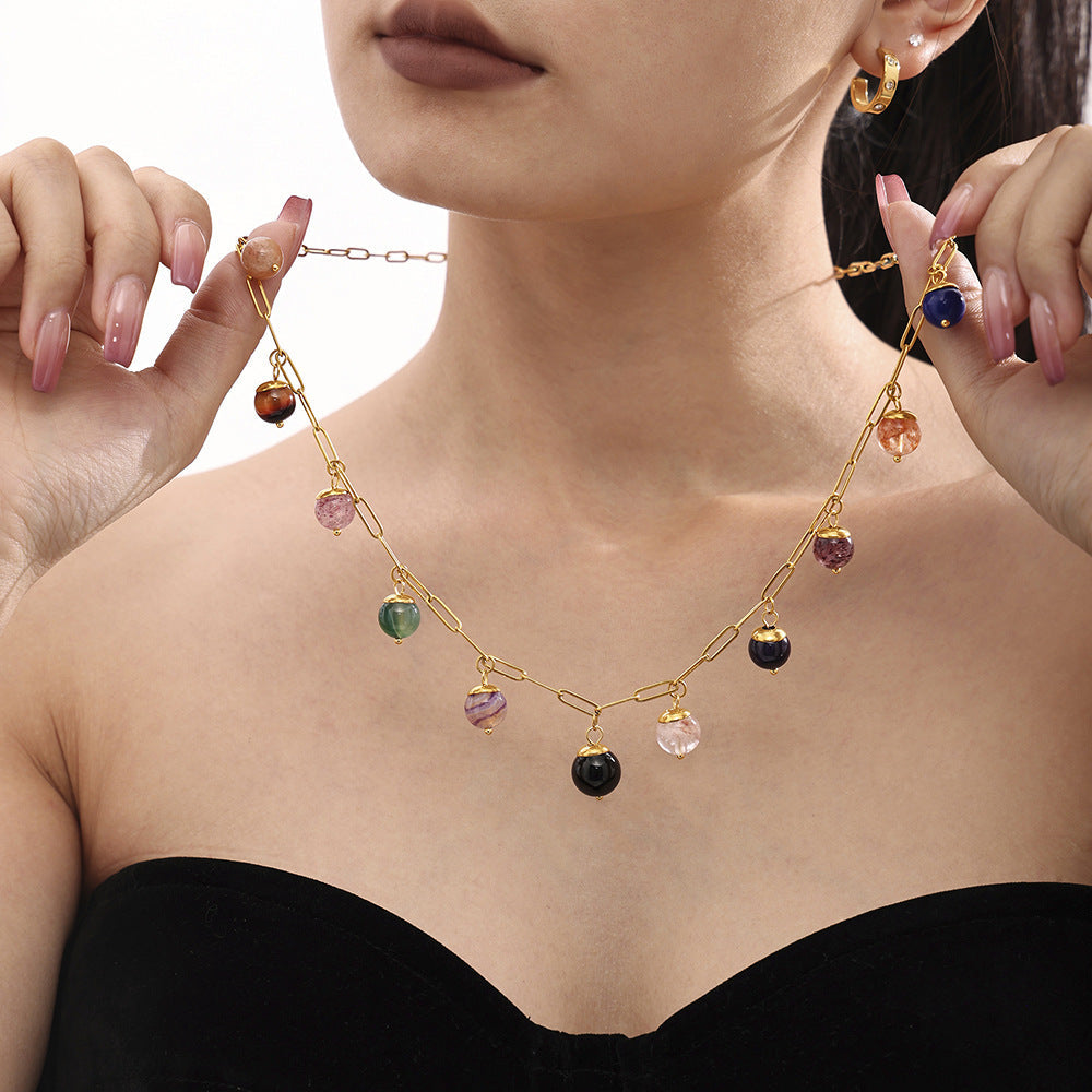 Mioli Handmade Chain Colorful Natural Stone Bohemian Necklace Women Stainless Steel All Match Internet Celebrity Embellished Jewelry