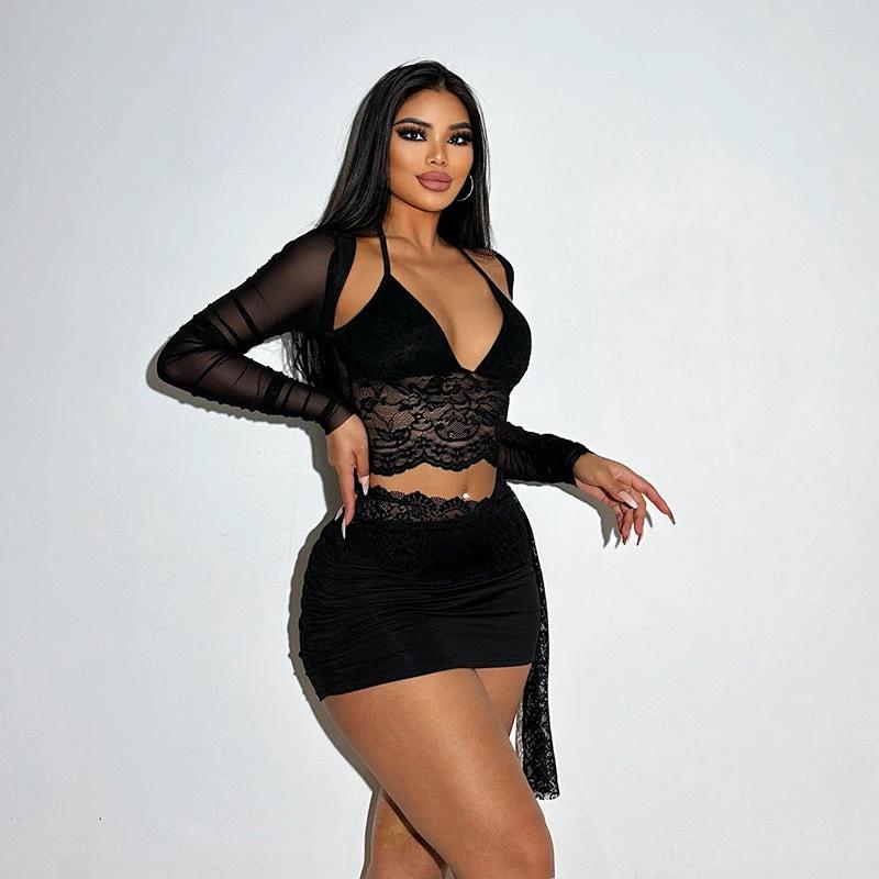 V-neck Lace Mesh Long Sleeve Cover and Cami Skirt Set