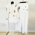 Heavy Industry Beads Diamond Embedded One Button Blazer Wide Leg Pants Suit Two Pieces