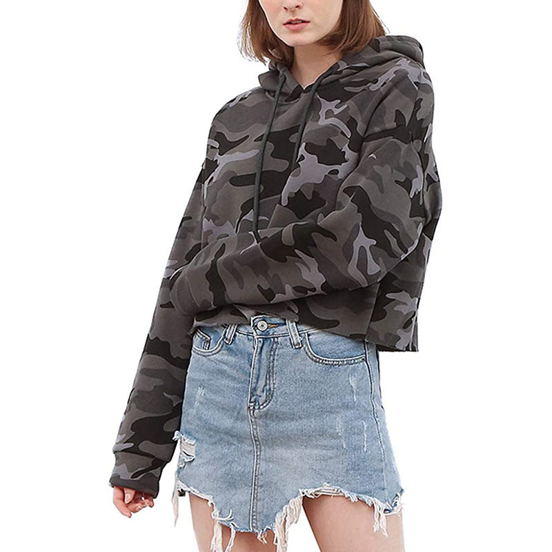 Women Sports Sweatshirt Autumn Winter Fleece-Lined Pullover Hoodie Personalized Bare Cropped Long Sleeved Top
