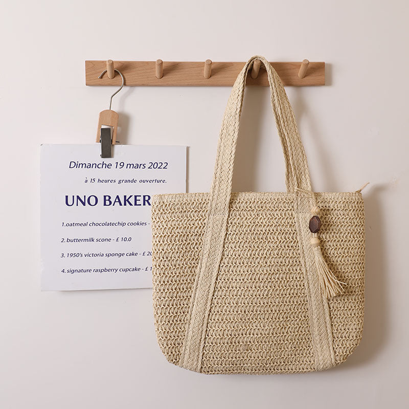 Women Solid Color Woven Bag Large Capacity Shoulder Straw Bag Vacation Beach Bag Women Bag