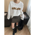Early Autumn Three Dimensional Leopard Print Letter Graphic Embroidery round Neck Loose Long Sleeves T shirt