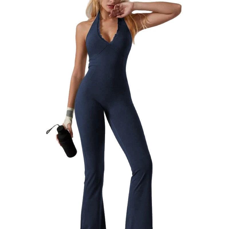 Lace Neckline Yoga Clothes Trousers Running Sports Neck-hanging Jumpsuit