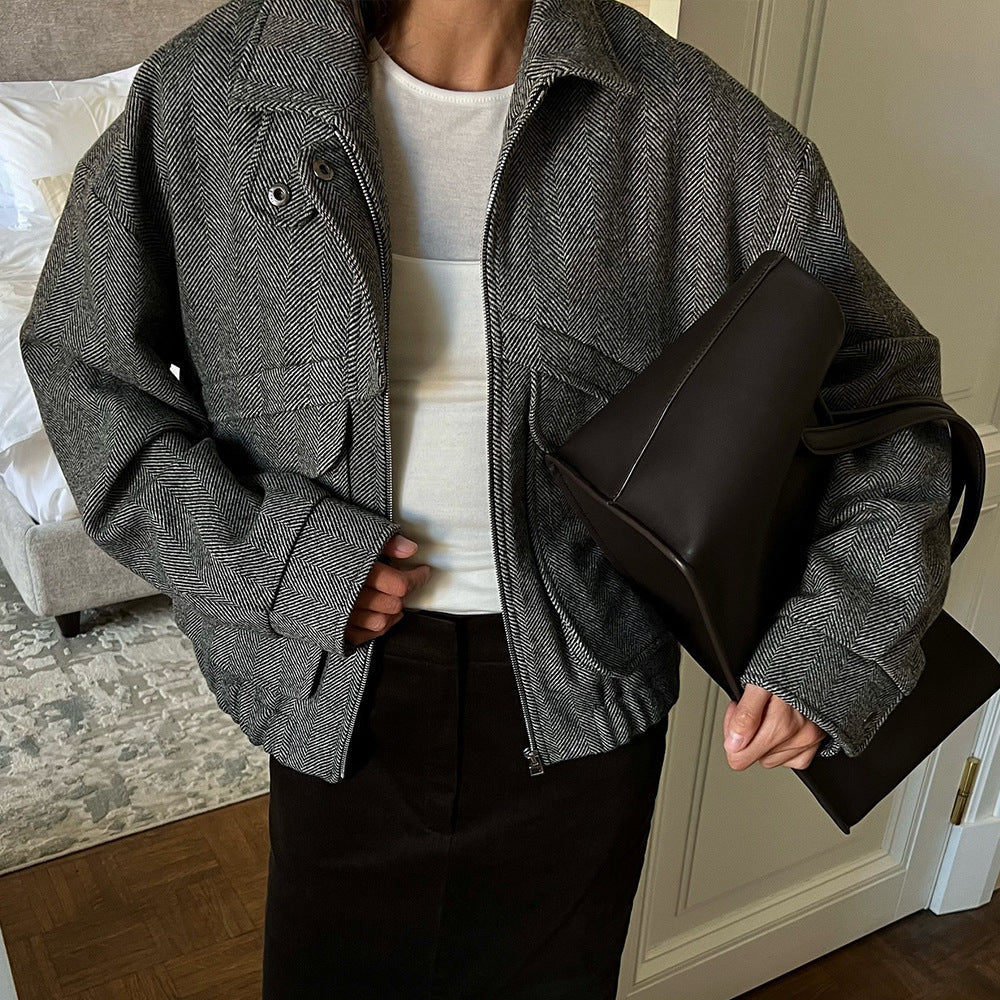 Herringbone Pattern Stand Collar Jacket Autumn Winter Zipper with Pocket Top Loose Woolen Coat