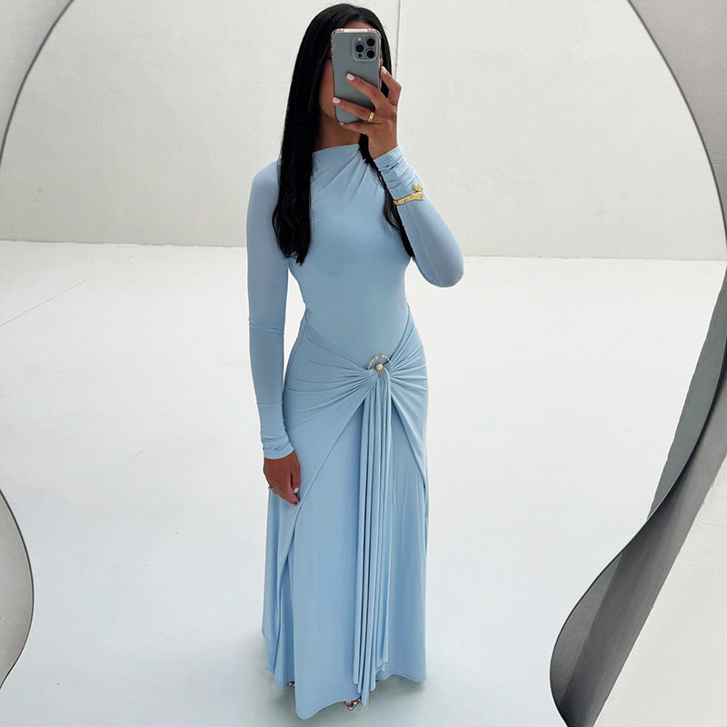 Summer Women Clothes Elegant Decorative Buckle Solid Color Long Sleeve Narrow Tight Strap Dress