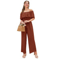 Women Clothing Summer Casual off Shoulder Ruffle Sleeve Lace up Cropped Wide Leg Pants