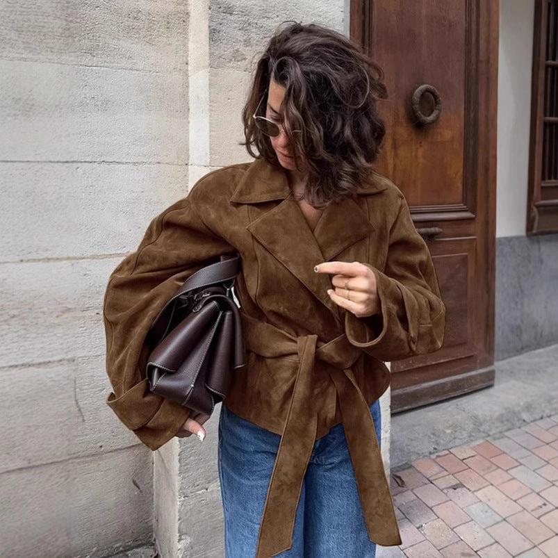 Suede Stomach Blanket Lace-up Coat Women's Vintage Coat