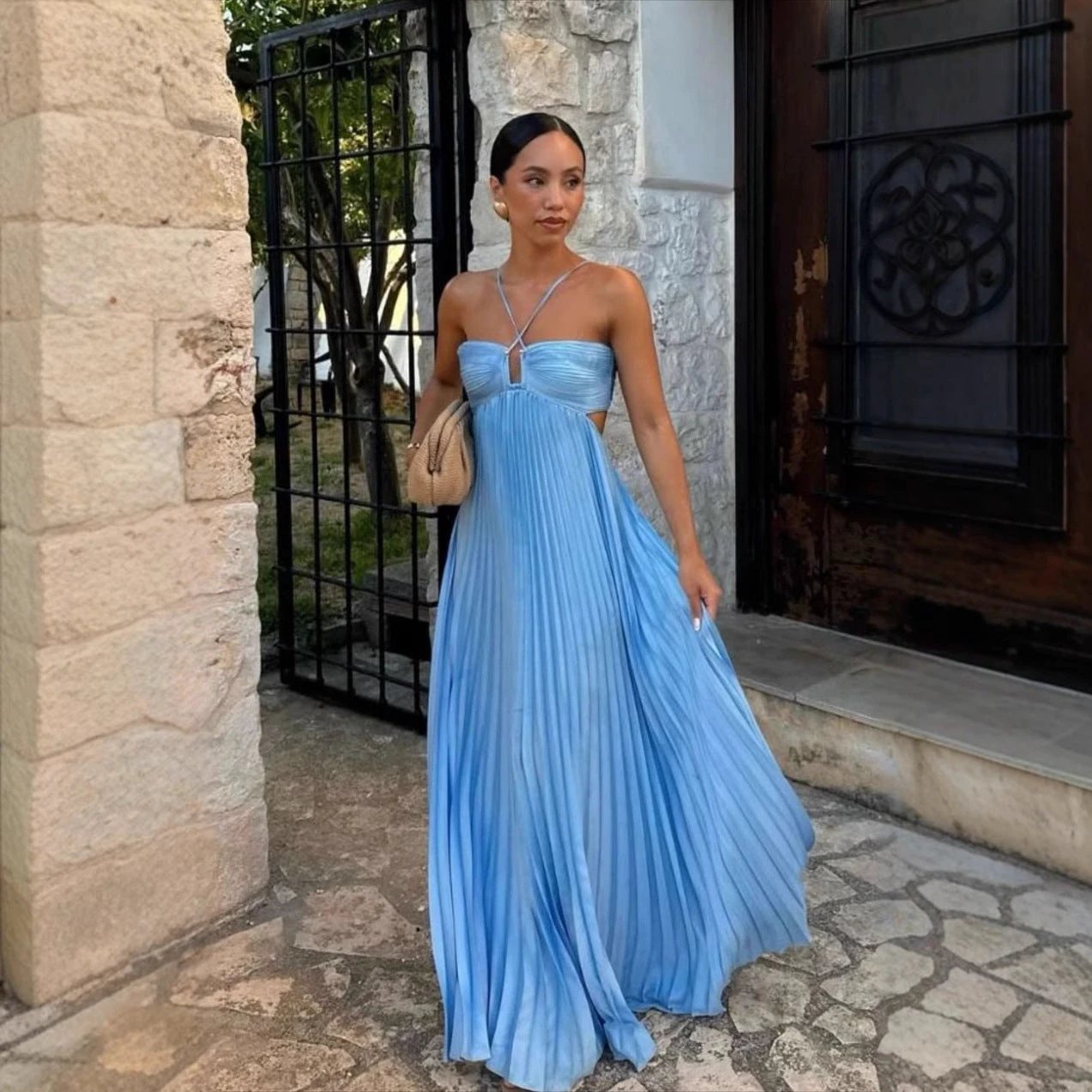 Pure Color Tube-top Pleated Sleeveless Sling Dress