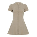 Women Clothing Solid Color Classic Knitted Dress round Neck Single Breasted Short Sleeve Waist A line Dress