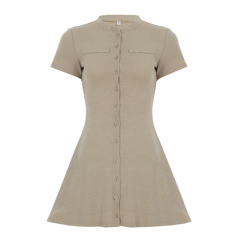 Women Clothing Solid Color Classic Knitted Dress round Neck Single Breasted Short Sleeve Waist A line Dress
