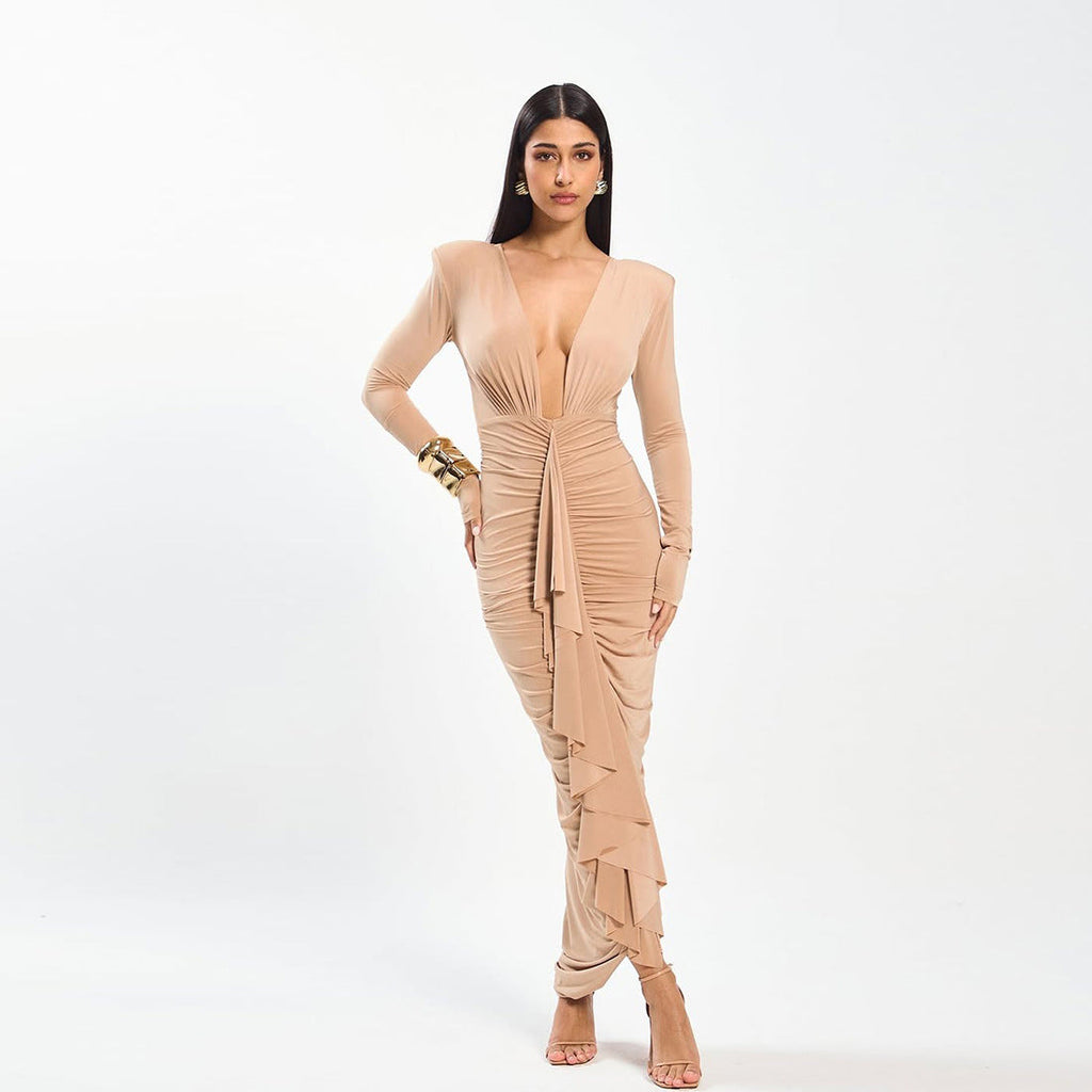 Women Clothing Sexy Deep V Plunge Pleated Design Elegant Slim Hip Bag Dress