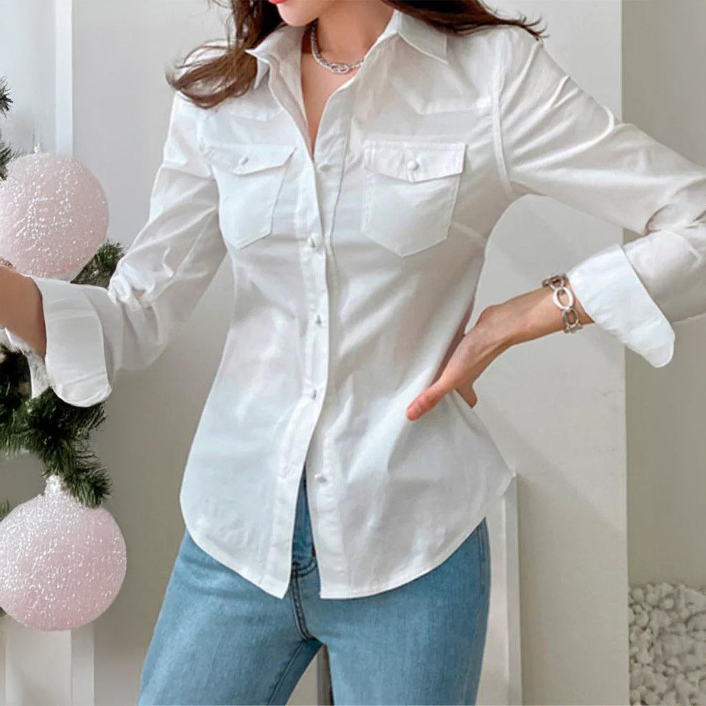 Women Clothing Autumn Simple Vacation Button Long Sleeve Tops Shirt