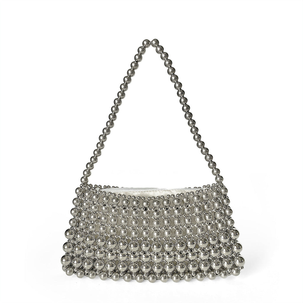 Handmade Beaded Weave Shoulder Bag Simple Handbag Silver Beaded Boat Bag