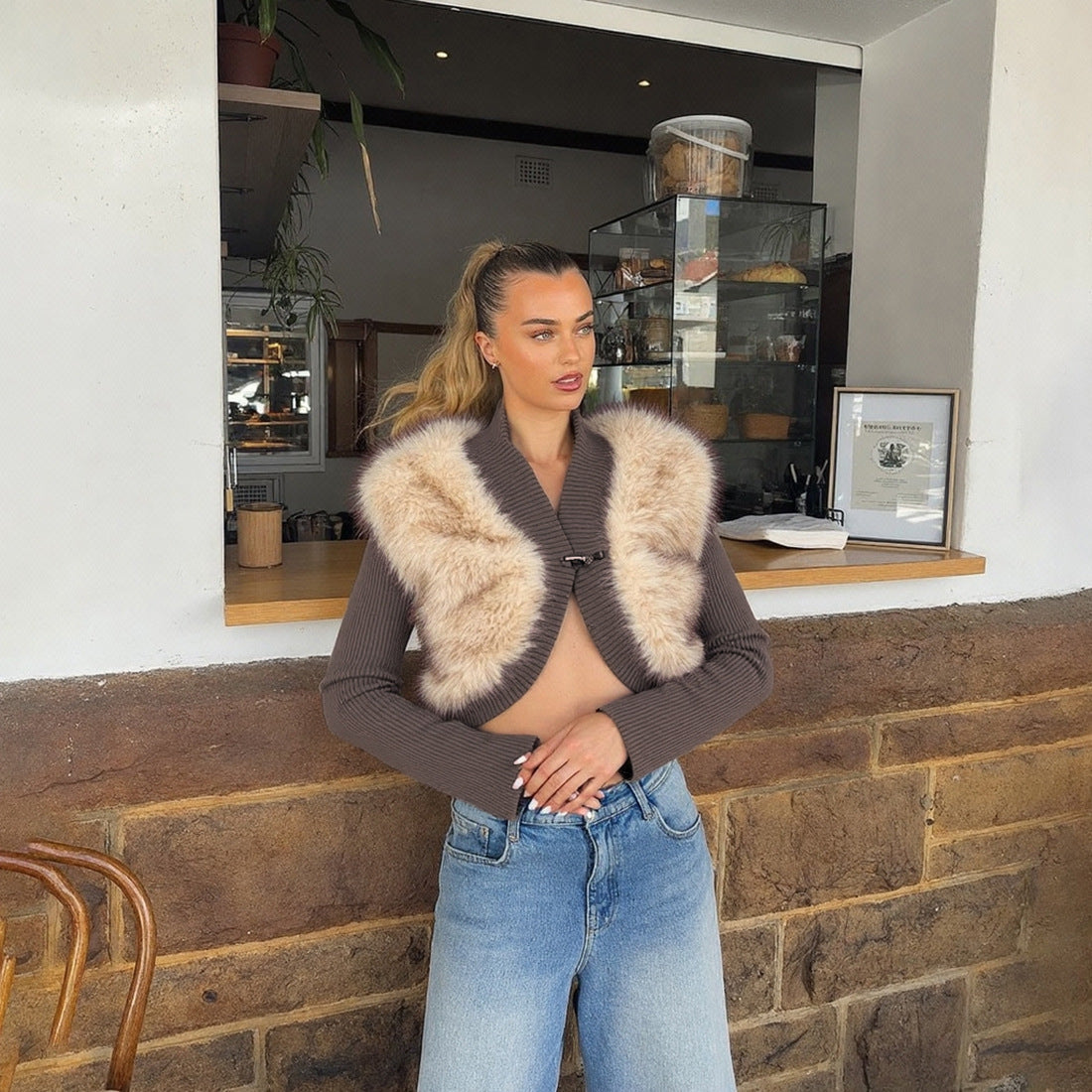 Autumn Winter Women Clothing Sexy Cropped Ultra Short Contrast Color Plush Stitching Small Cardigan Coat for Women