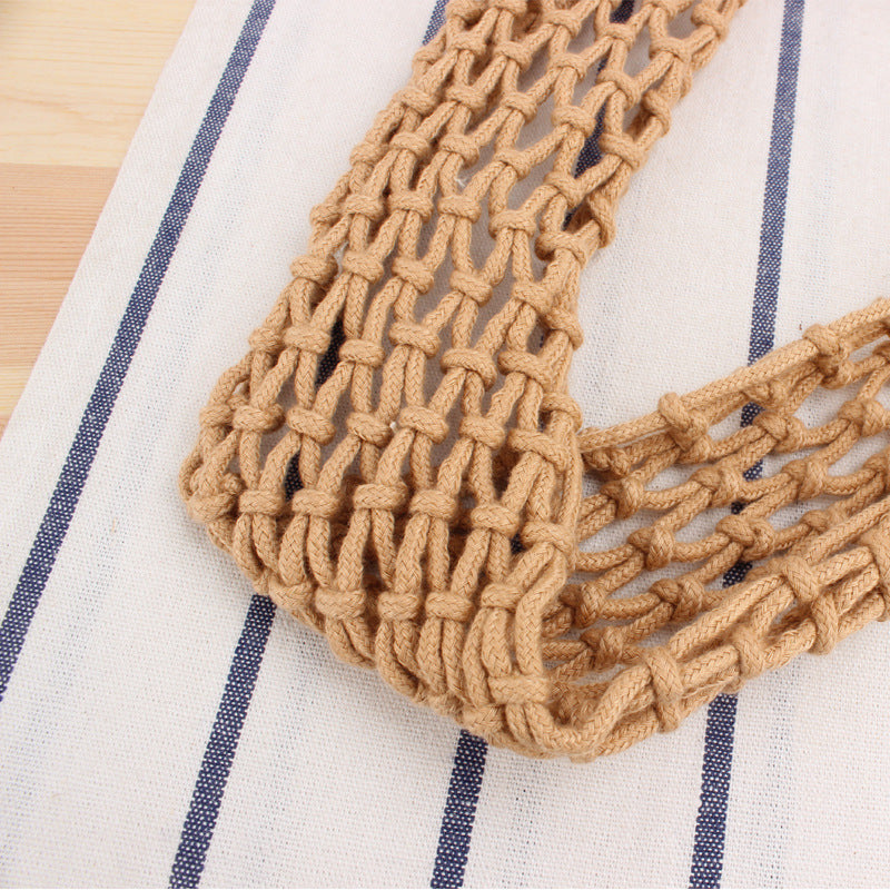 Solid Color Net Pocket Hand-Woven Bag Mori Hand-Tied Cotton Thread Hand-Carrying Shoulder Vacation Beach Bag