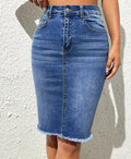 Elastic High Waist Frayed Skirt Denim Package Hip Skirt