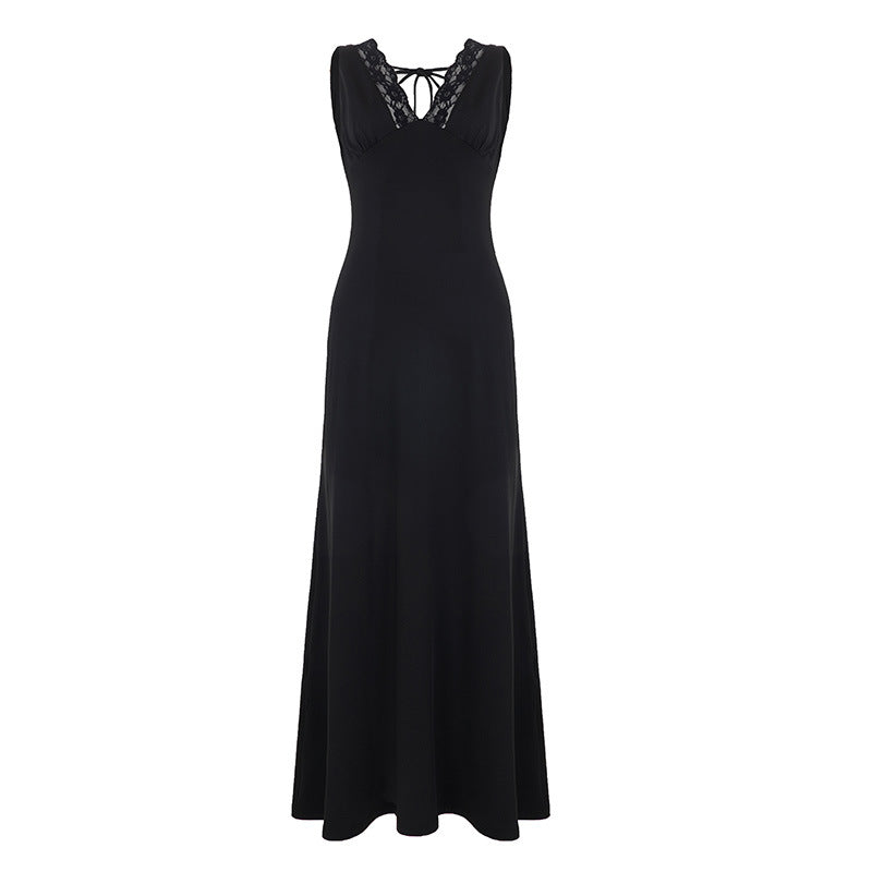 Woman Dress Lace Stitching Sexy Tied V neck Backless Dress