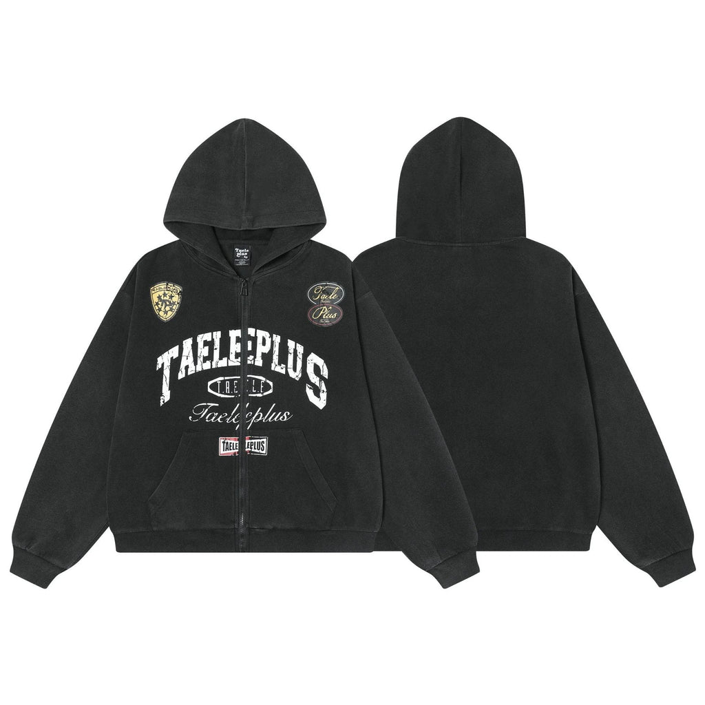 Spring New American College Style Retro Washed Hoodie Coat Cardigan Zipper Sweater