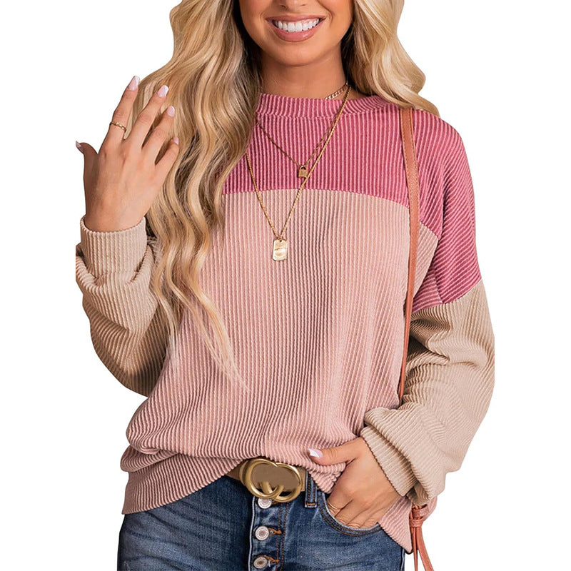 Autumn Winter Casual Striped Multi Color Mosaic Sweatshirt for Women