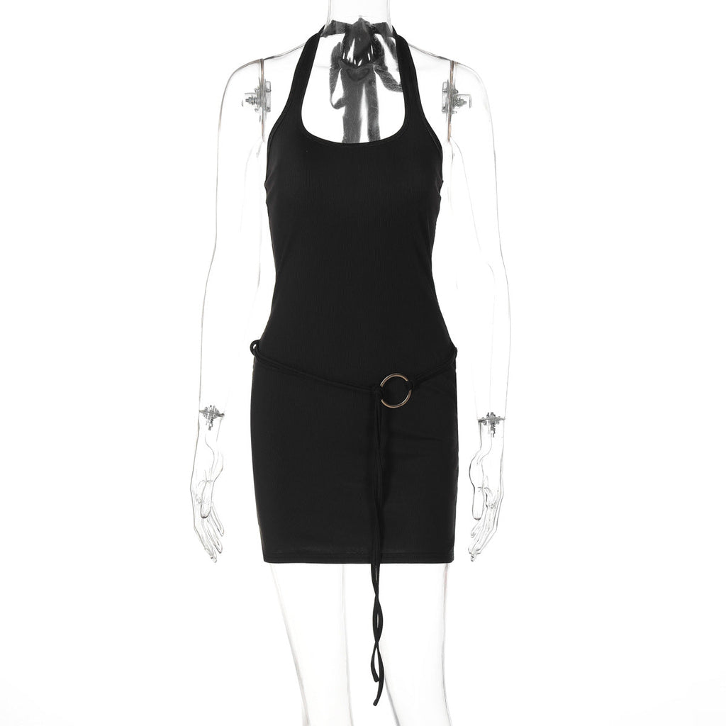 Summer Women Solid Color Sexy Lace Halter Short Dress Backless Sheath Dress