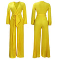 Summer V neck Sexy Lace up Pleated Wide Leg Jumpsuit
