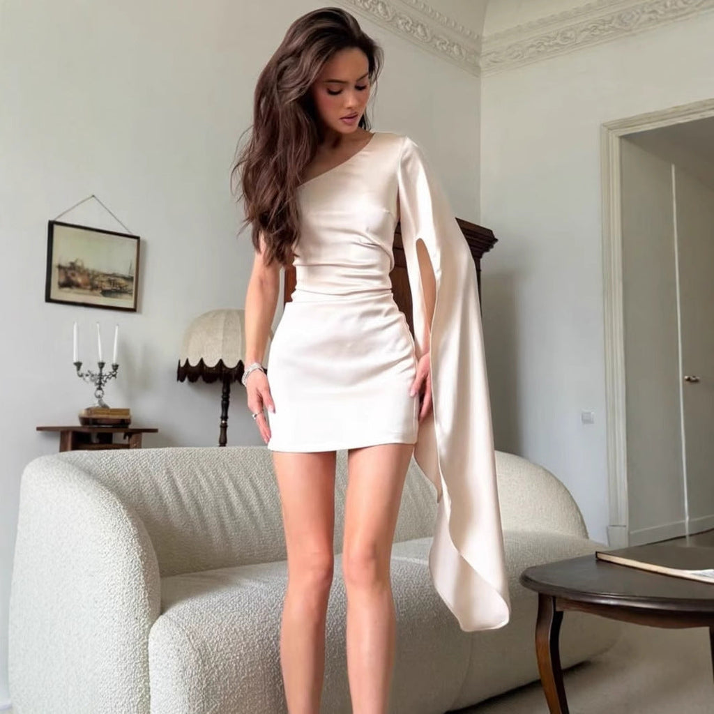 Women Clothing Summer Shoulder Collar Sexy Slim Fit Floating Sleeved Sheath Dress