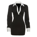 Women Clothing Autumn Elegant Contrast Color Slim Fit Sheath Collared Button Shirt Dress