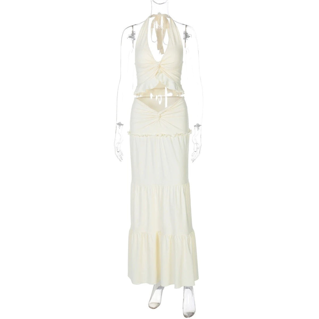 Women's V-neck Ruffled Halter Spaghetti Straps Detail Twisted Dress Suit