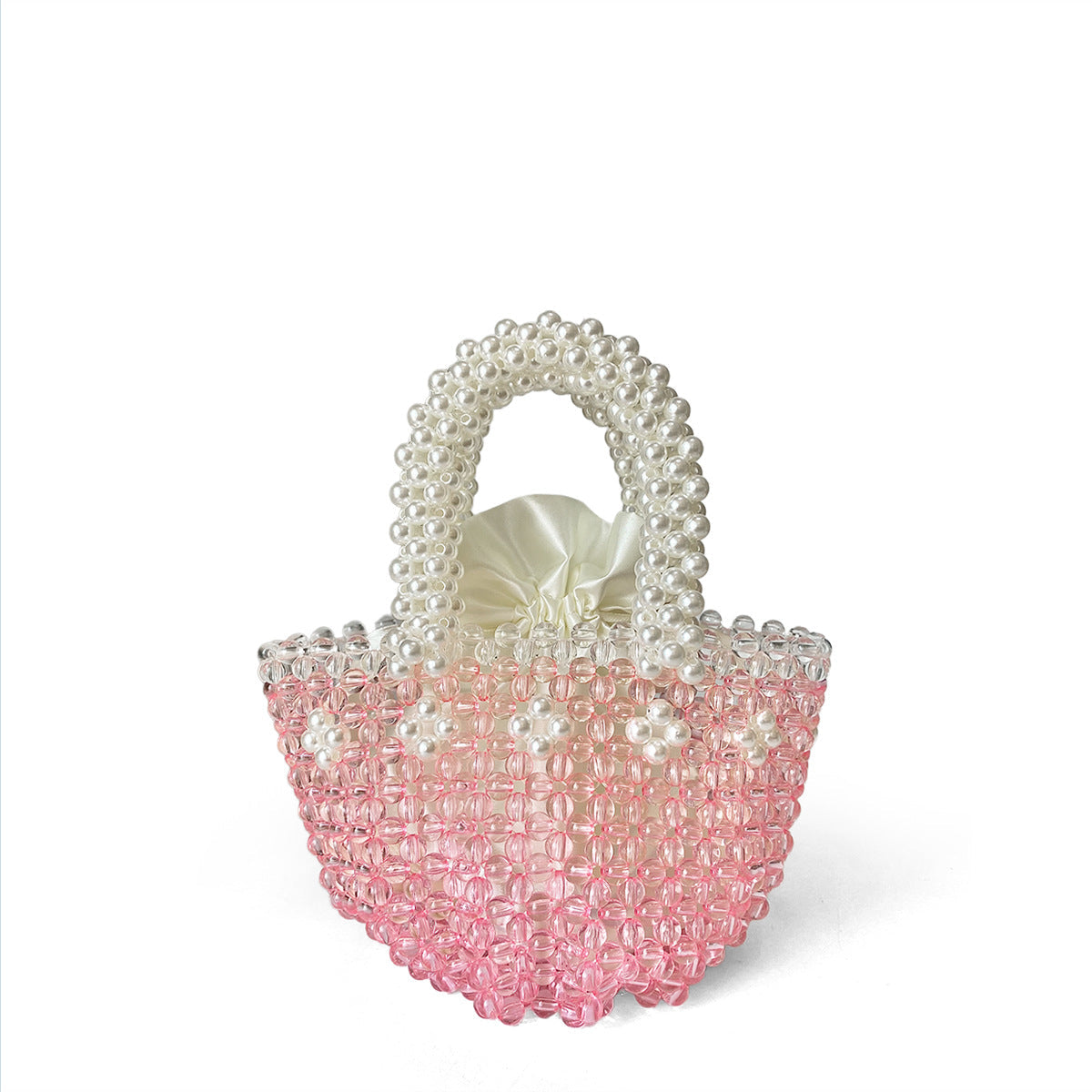 Spring Summer Beach Bag Beaded Pink Beads Bag Steamed Crystal Bun Hand Woven Beaded Bag