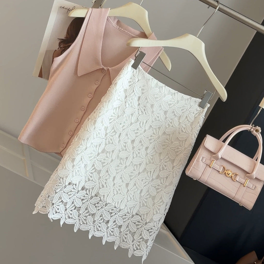 Lace Embroidered Hollow Out Cutout Skirt Women Summer High Waist Slimming Sexy Fashionable A line Sheath Mid Skirt