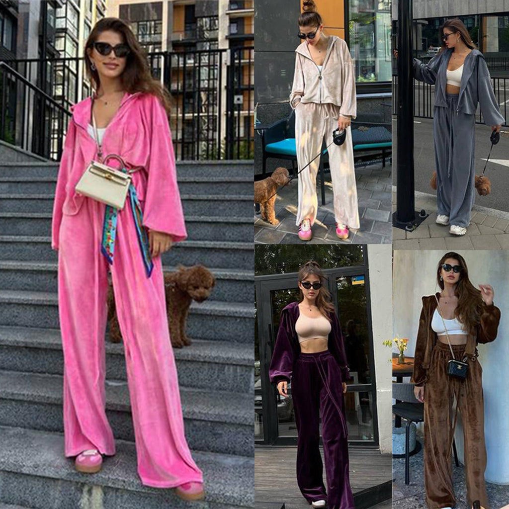 Early Autumn Gold Velvet Zipper Drawstring Casual Suit Women
