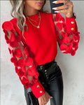 Women's Fashion Chiffon Blouse Round Neck Petals Mesh See-through Long Sleeves