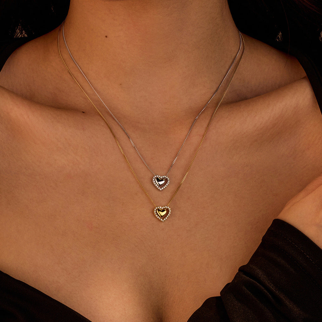 Niche High Grade Love Embellished Zircon Titanium Steel Clavicle Chain Peach Heart Stainless Steel Necklace Women