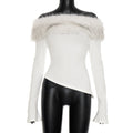 Women Clothing Fall Sexy Furry Stitching Long Sleeve off Shoulder Asymmetric Top
