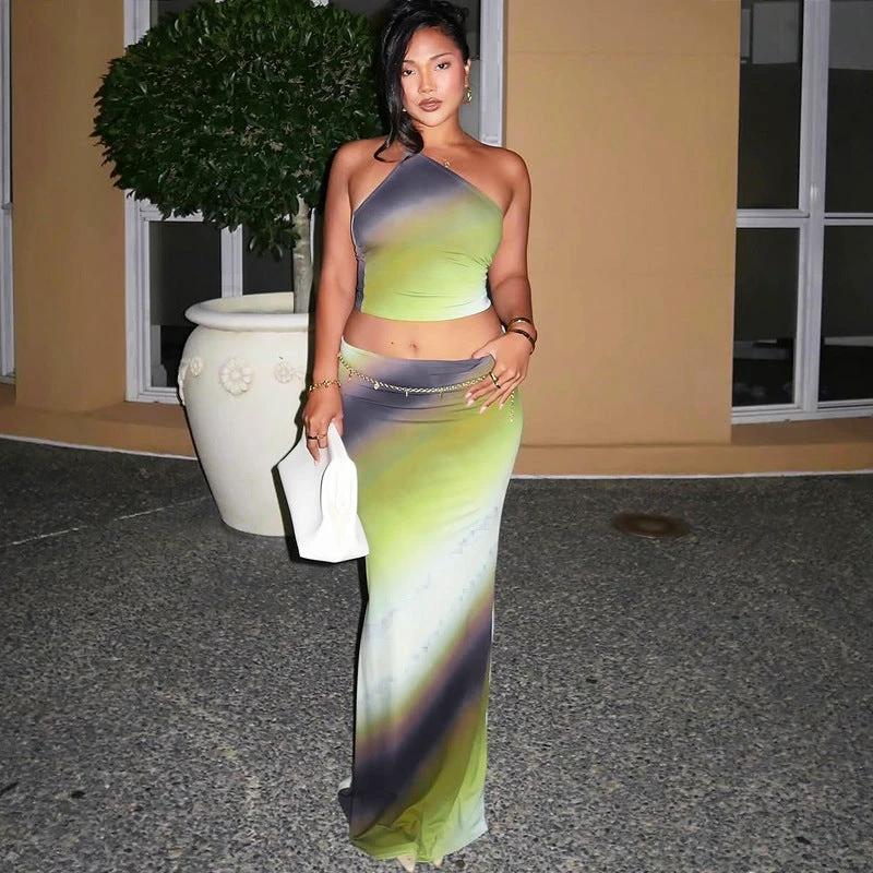 Female Gradient Color One Shoulder Backless Casual Slim Fit Long Dress Suit