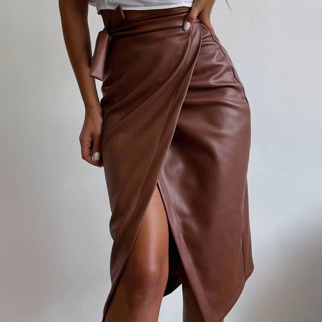 Sexy Lace up Sheath Leather Skirt Women Clothing Autumn Winter