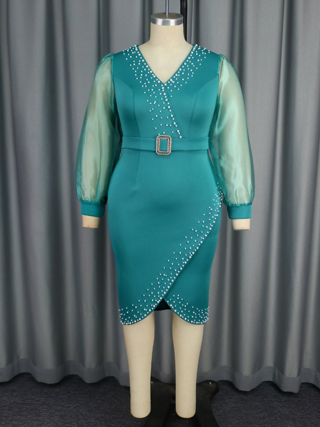 V neck Puff Sleeve High Waist Dress See through Sleeve Midi Dress