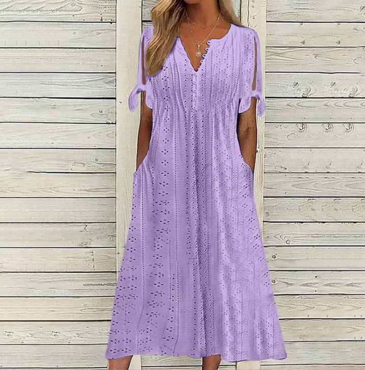 Women's Dress V-Neck Hollow Out Lace Long Dress Women