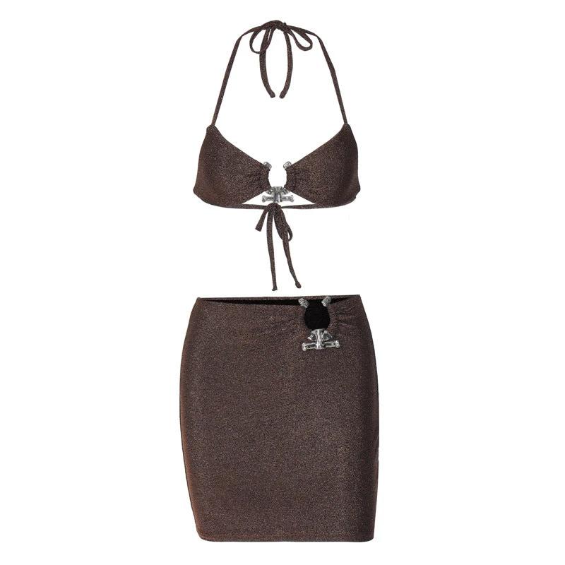Summer New Night Club Style Sexy Lace-up Chest-wrapped Hip Skirt Two-piece Suit
