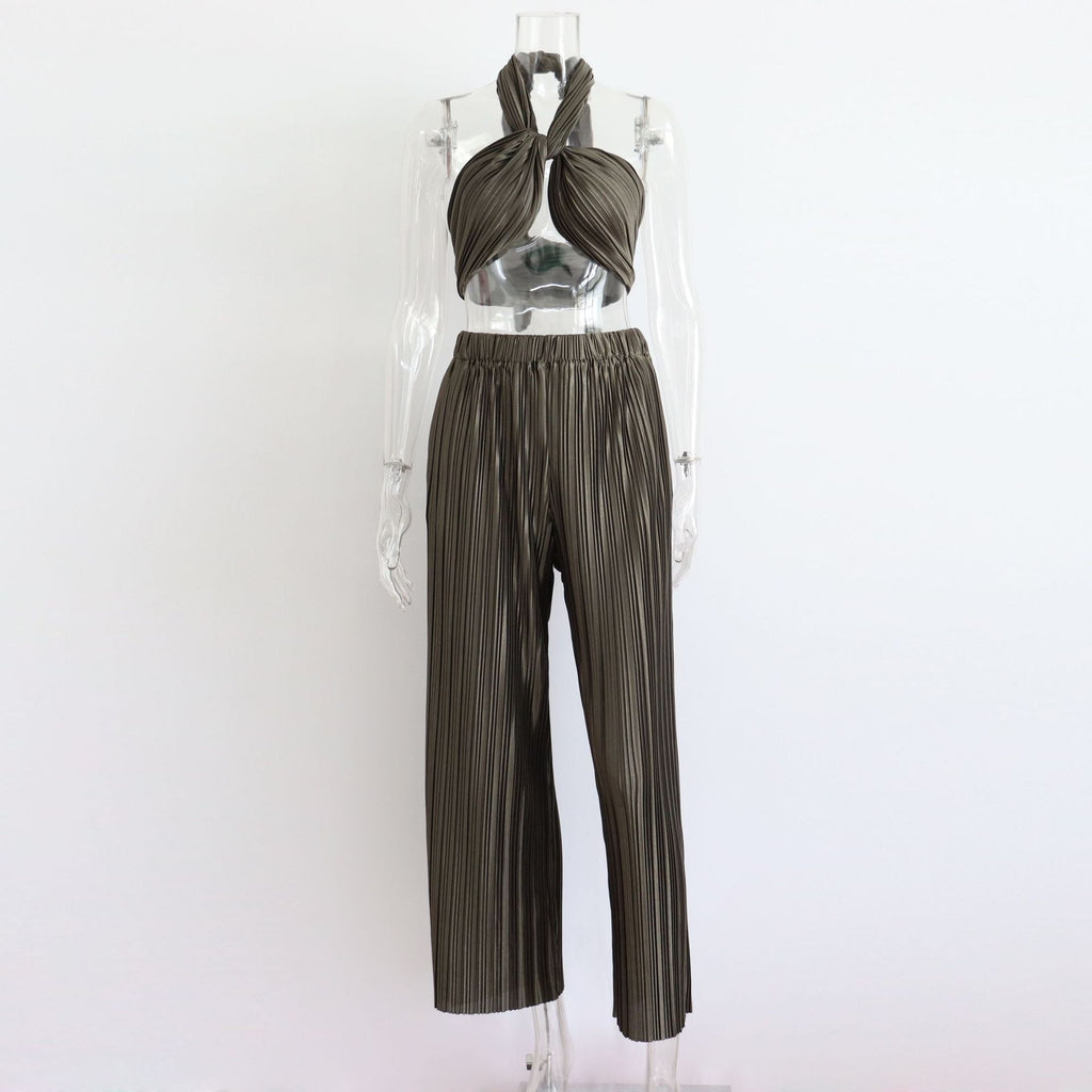 Spring Summer Pleated Sexy Suit Women Cropped Sleeveless Adjustable Vest Casual Pants Two Piece Set for Women