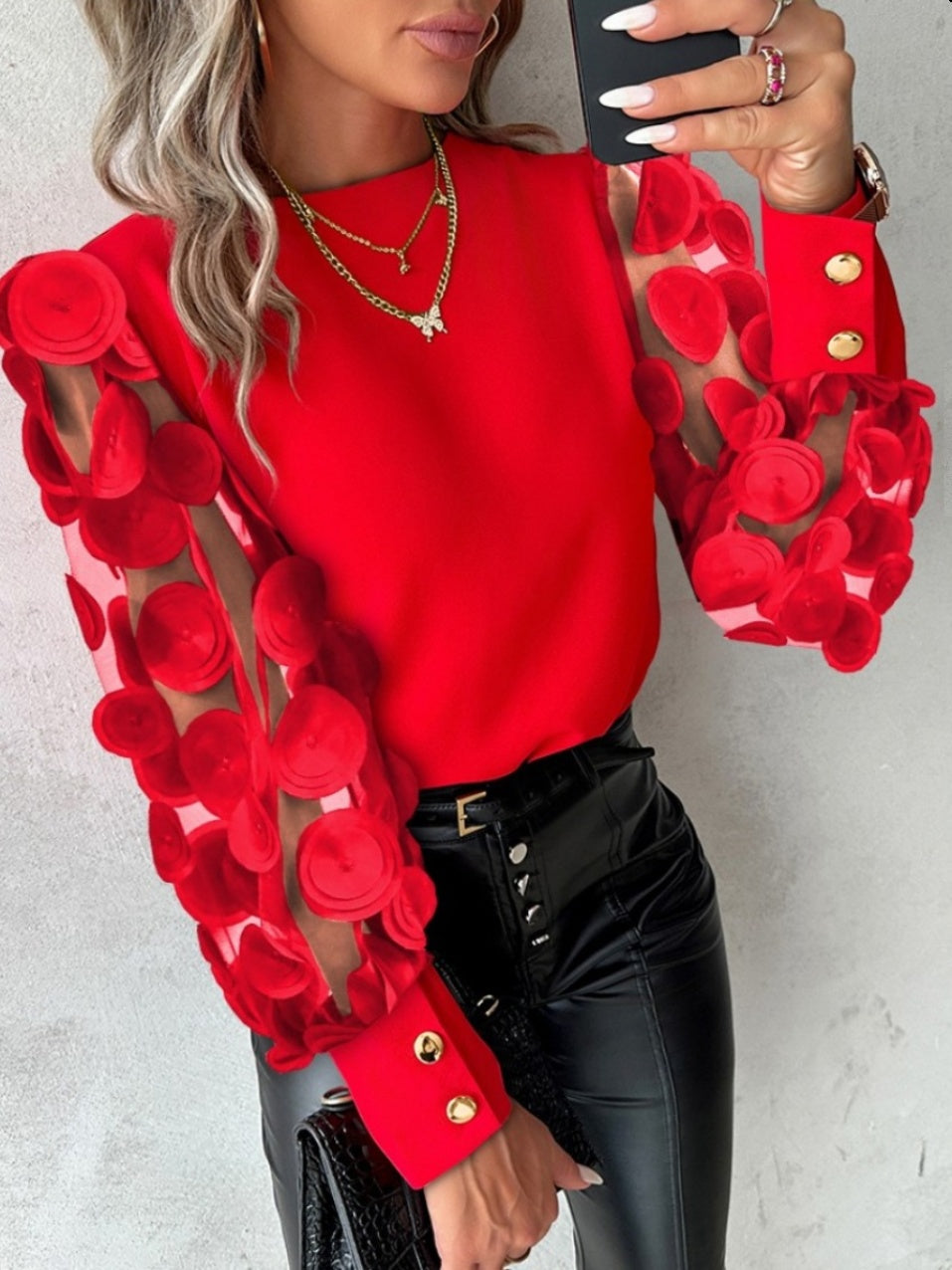 Women's Fashion Chiffon Blouse Round Neck Petals Mesh See-through Long Sleeves