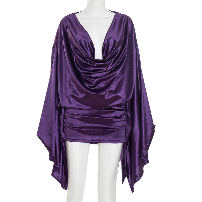 Women Clothing Autumn Solid Color Elegant Artificial Silk Swing Collar Swing Sleeve Sheath Dress