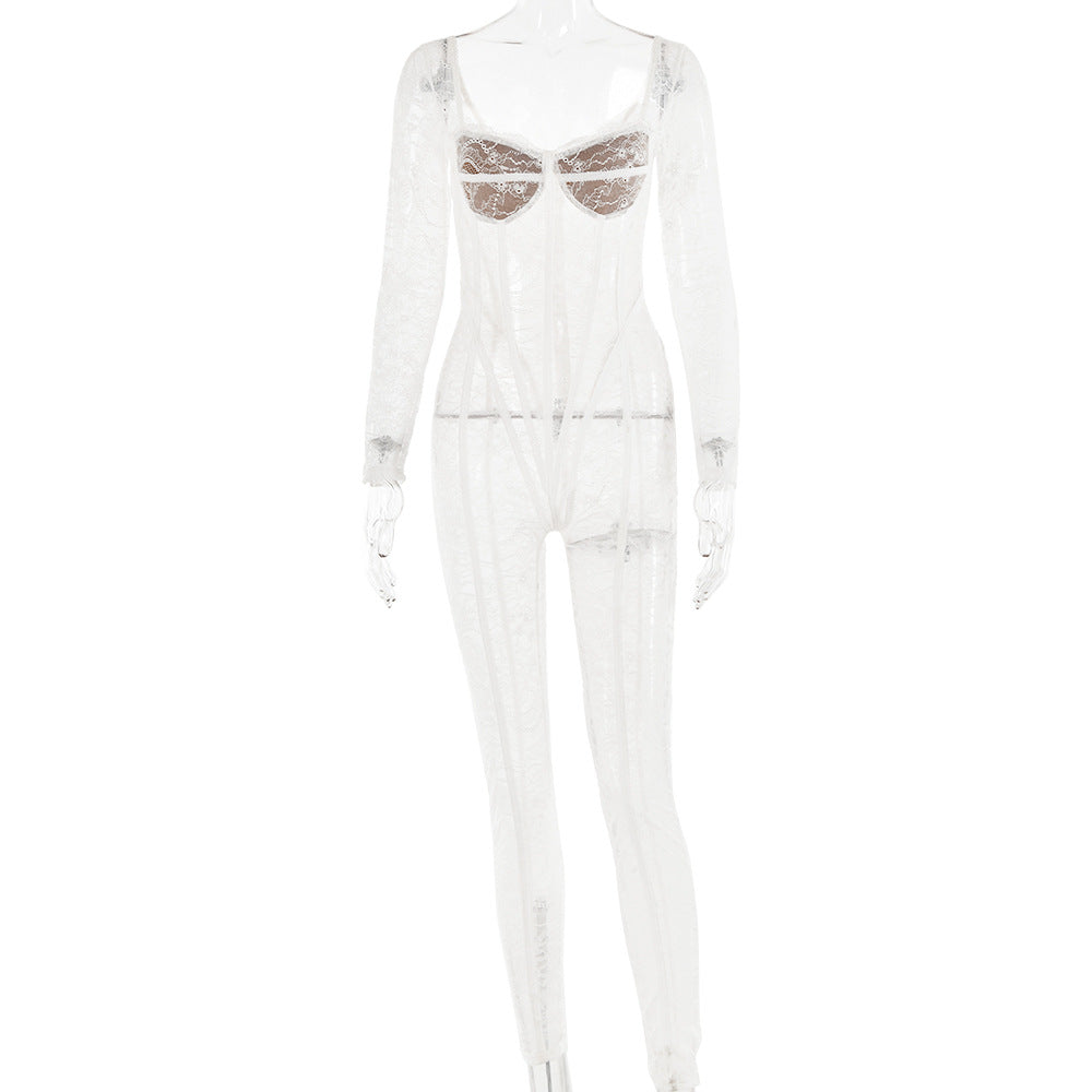 Autumn Lace Stitching Sexy Temptation Low Cut Jumpsuit Women Sexy See through Trousers