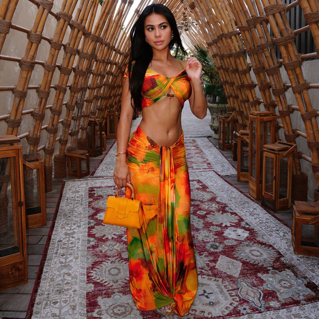 Women Spring Clothing Pattern Print Sexy Drop Shoulder Hollow Out Cutout Low Waist Cropped Skirt Set