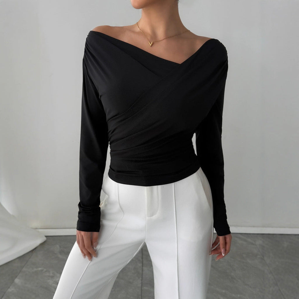 Autumn Winter Solid Color Shoulder Collar Shoulder Baring Slimming Long Sleeve All Match Office Top