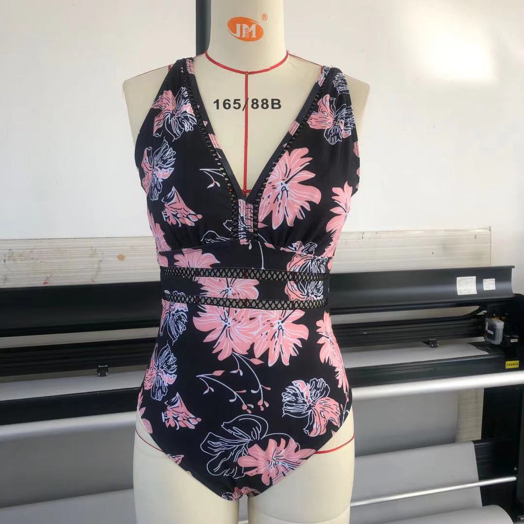 Ladies One Piece Swimsuit Mesh Fabric Stitching Printing Swimsuit Bikini