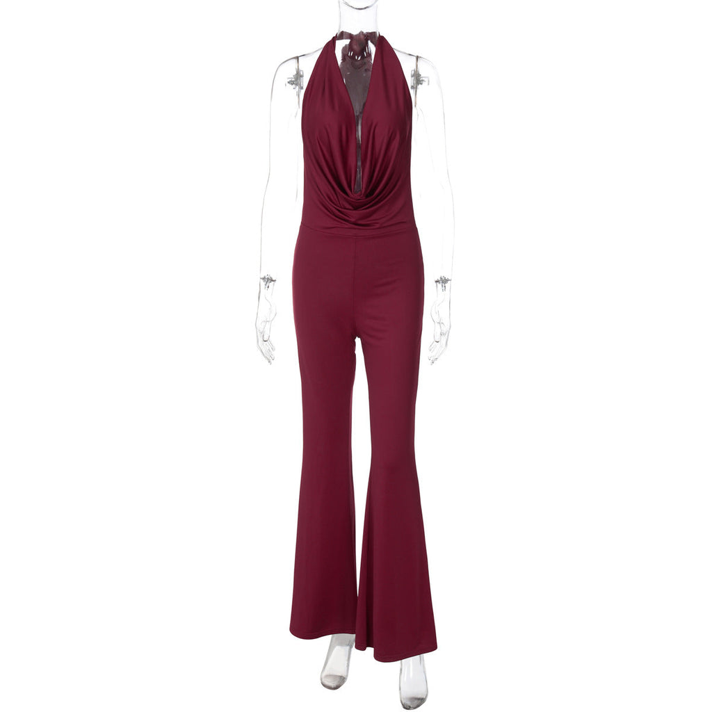 Women Clothing Autumn Solid Color Swing Collar Strap Halter Sexy Backless Slim Fit Jumpsuit Women